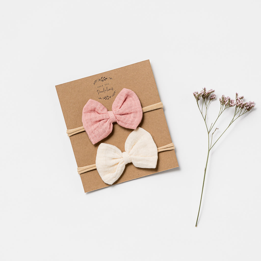 over the dandelions muslin bow headband set in shell pink & milk