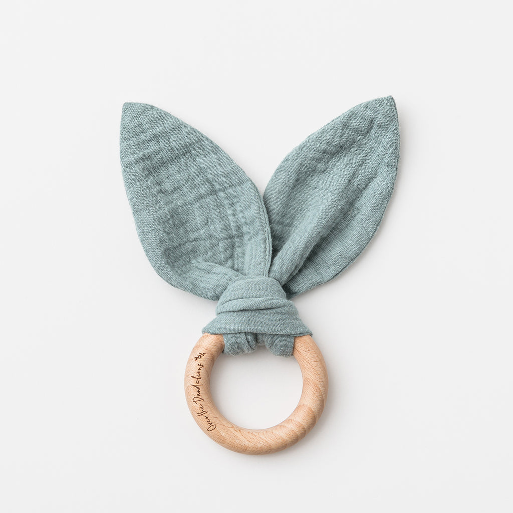 over the dandelions bunny ears teether in sage