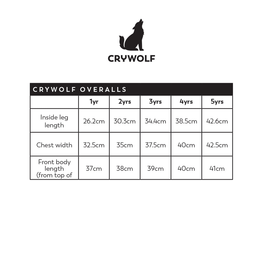 cry wolf rain overalls size chart