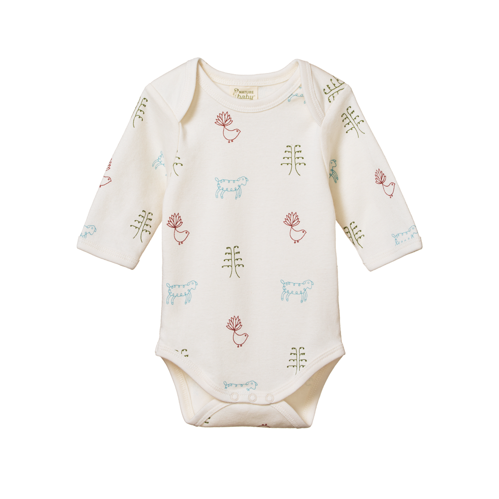 nature baby organic cotton long sleeve bodysuit in nature baby print