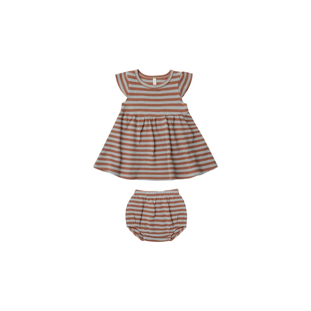 Quincy Mae Waffle Flutter Sleeve Dress & Bloomer Set (Sienna & Sky Stripe)