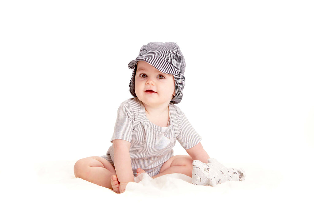 toshi flap cap baby sunhat in periwinkle stripe