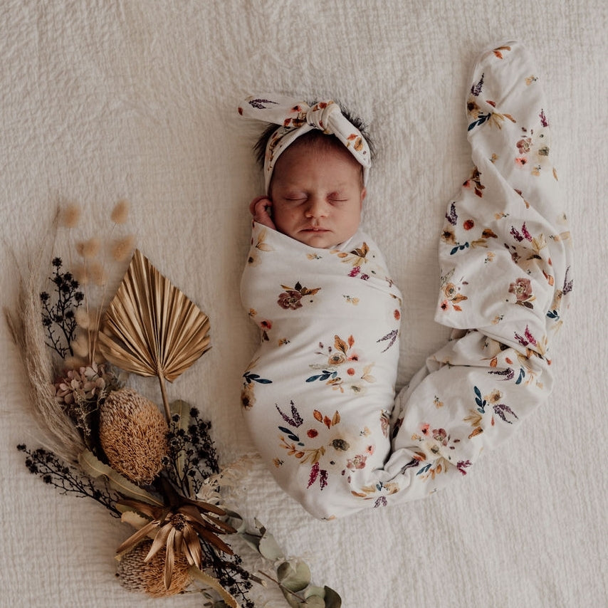 Snuggle Hunny Kids Baby Jersey Wrap & Topknot Set (Boho Posy)