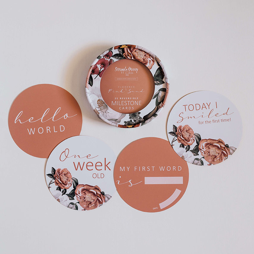 snuggle hunny kids milestone cards in florence & pink sand
