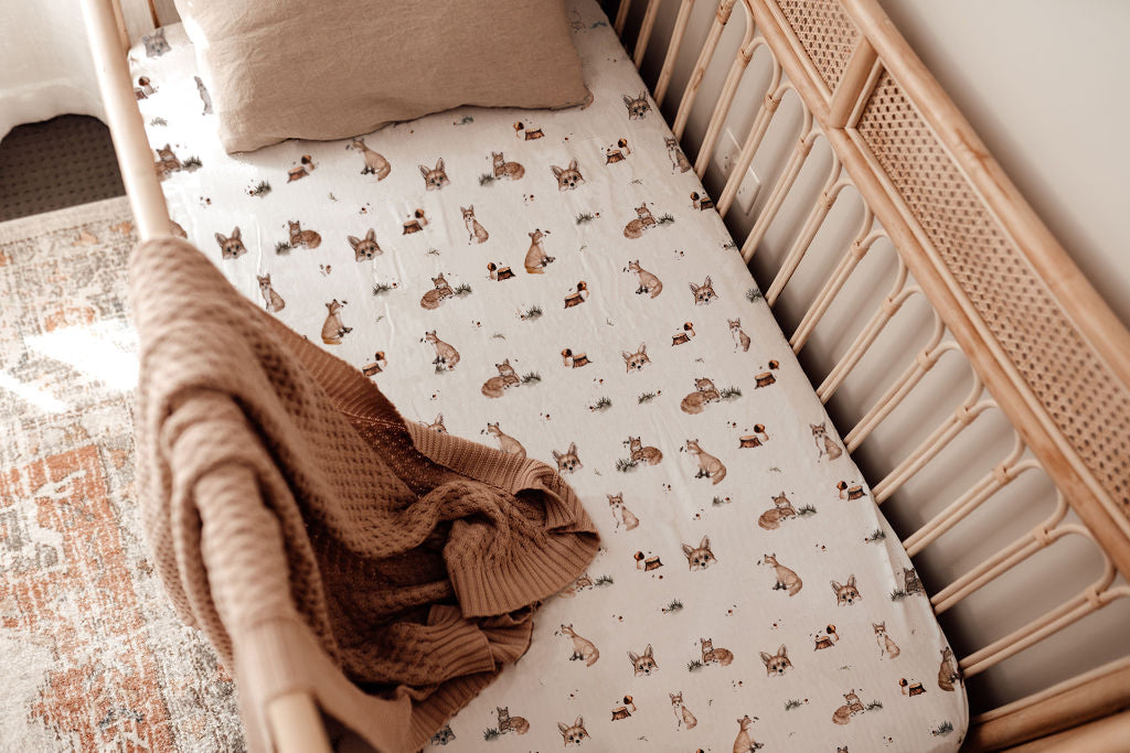 snuggle hunny kids fitted cot sheet in fox print