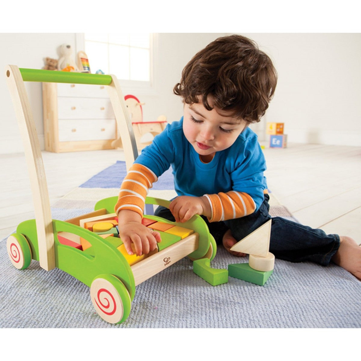 hape wooden push along trolley