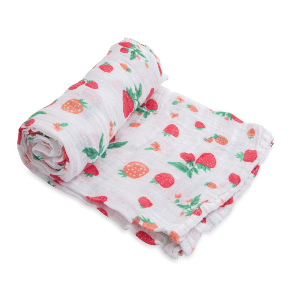 little unicorn cotton muslin swaddle in strawberry