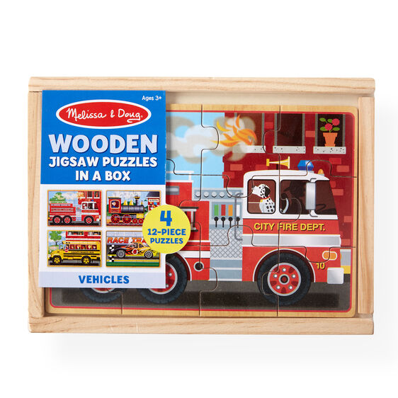 melissa & doug 4 wooden jigsaw puzzles in a box vehicles theme