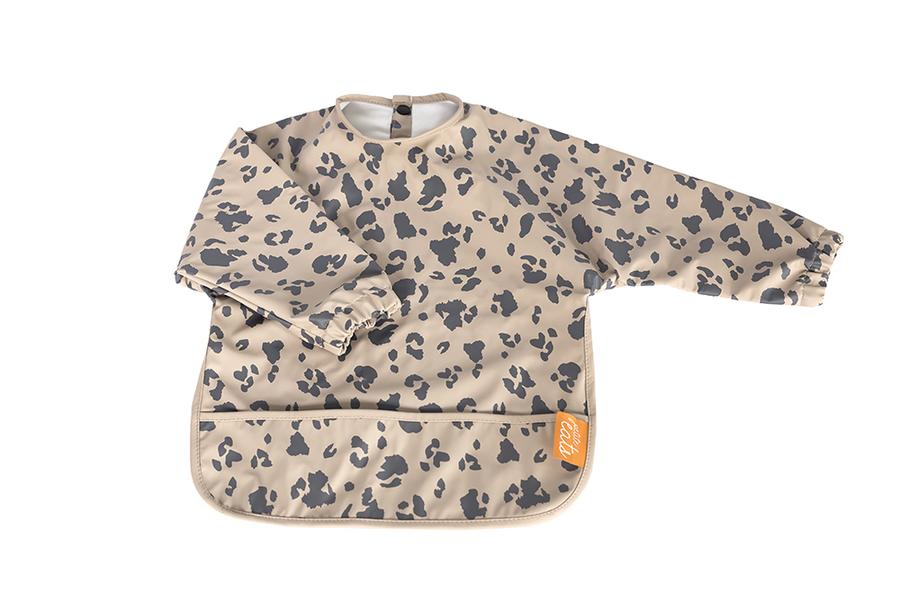 petite eats sleeved bib in dusty pink cheetah