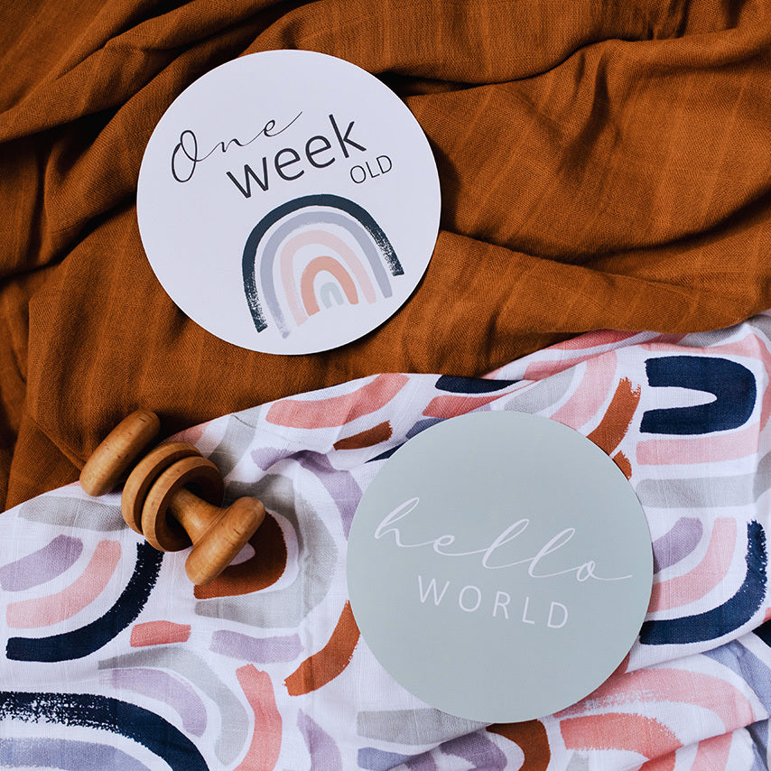 snuggle hunny kids milestone cards in rainbow & sage