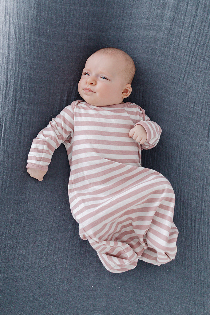 woolbabe merino cotton baby gown in dusk stripe